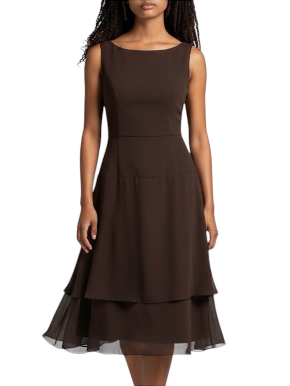 WTOO Sheer Chocolate Brown Sleeveless Midi Dress NWOT Size 10 Evening Party
